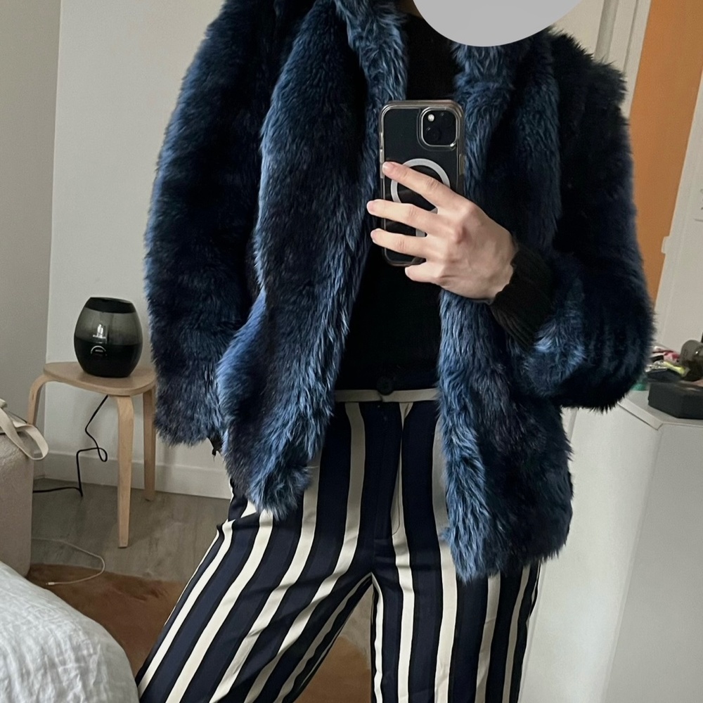 REISS VEGAN FUR JACKET BLUE